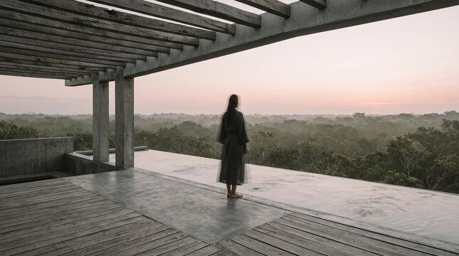 Woman Standing on Concrete Terrace Overlooking Forest at Dawn