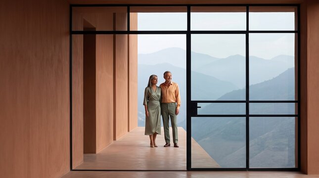 Mature Couple Standing on Modern Terrace Overlooking Mountains