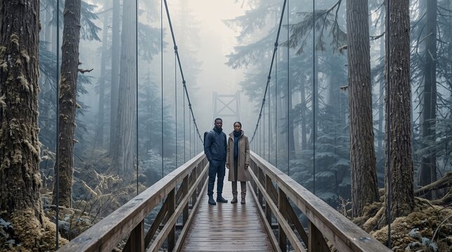 Couple Walking on Suspension Bridge Through Misty Forest