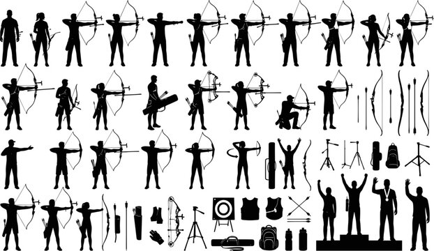 Archery Sports Silhouette Set with Archers Aiming Compound and Recurve Bows Targets and Equipment Elements for Competition Tournament Graphic Designs