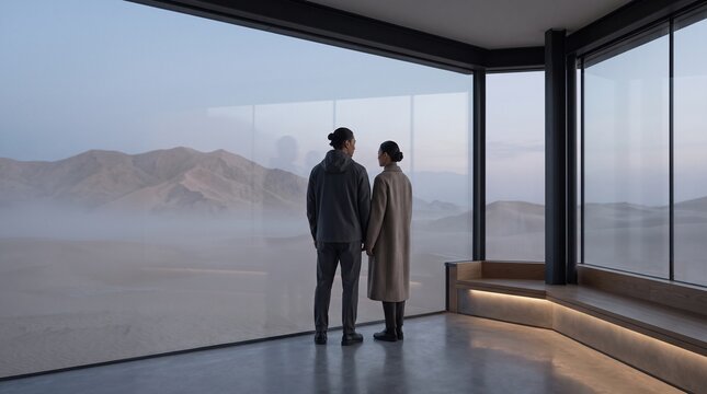Couple Standing at Window Overlooking Mountain Landscape
