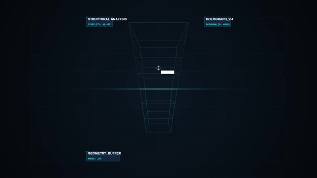 3D Wireframe Building Hologram Rotating with Structural Analysis Interface