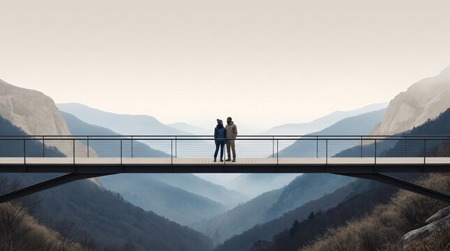 Couple Standing on Bridge Overlooking Mountain Lake Valley