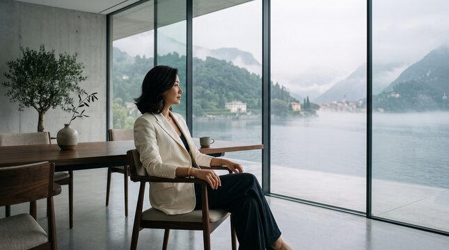 Woman Contemplating by Lake Window with Mountain View