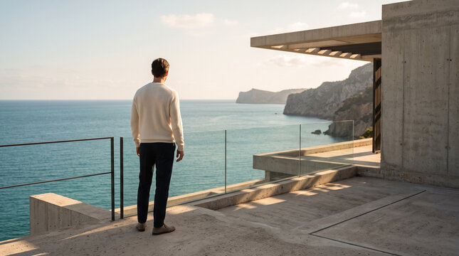 Man Contemplating Ocean View from Modern Cliffside Terrace