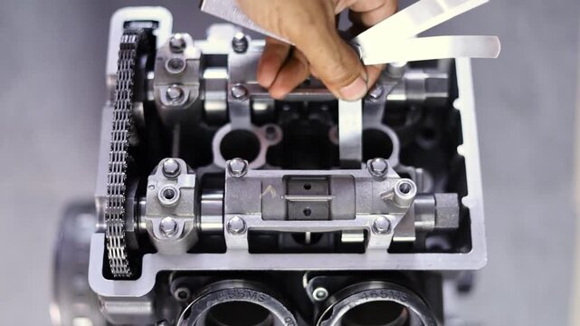 The mechanic is adjusting the valve clearances on a 4-stroke motorcycle engine using a feeler gauge.