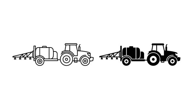 Tractor with Sprayer: A graphic representation of a tractor pulling a liquid sprayer, essential equipment for modern agriculture, depicted in both outline and solid black versions.