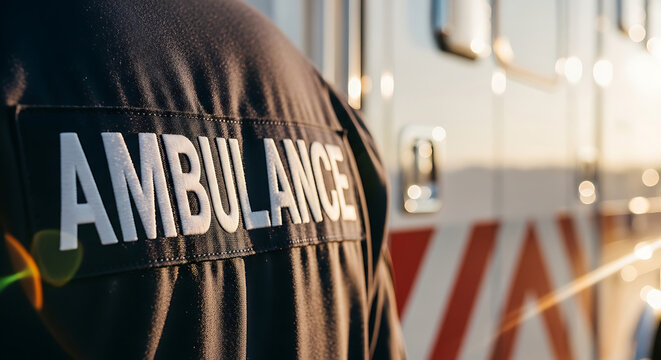Professional paramedic in uniform standing near an ambulance for emergency medical rescue service