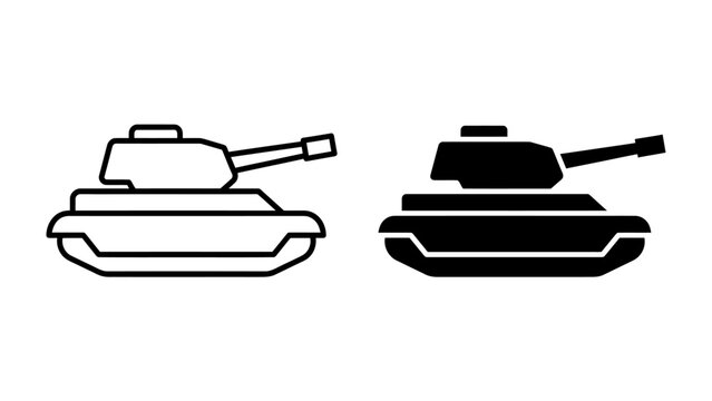 Military Tank Iconography: Two stylized icons of a military tank, one in outline and the other in solid black, representing armored warfare and defense.