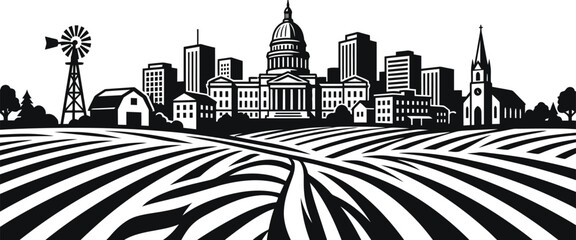 Cityscape And Farmland Silhouette Black And White Vector Illustration © Noyon