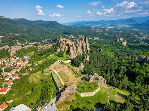 Belogradchik Fortress and rock formations in Bulgaria from a drone view