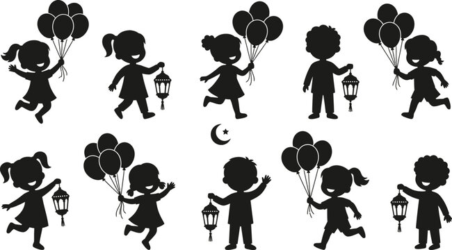 Children Silhouettes With Balloons And Lanterns Black Vector Illustration
