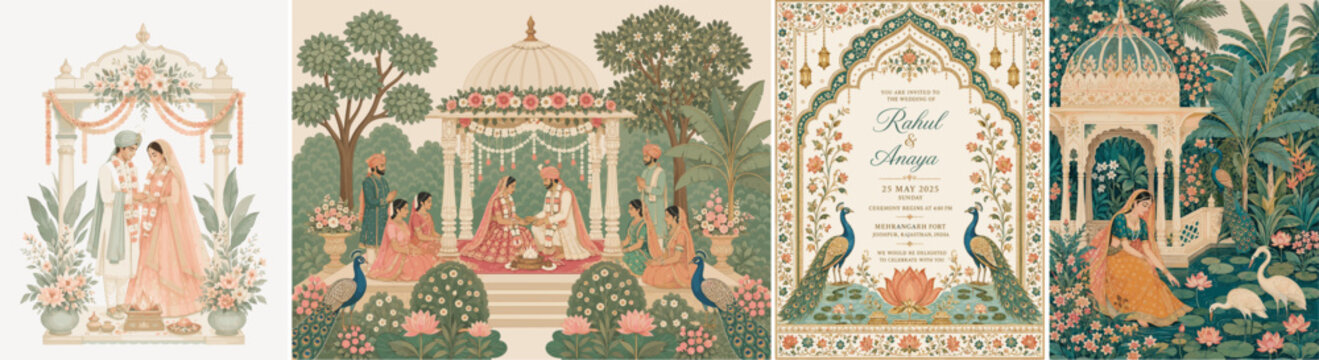 Indian wedding vector collection with bride and groom, floral mandap, peacocks, lotus pond and ornate invitation design in soft vintage colors.