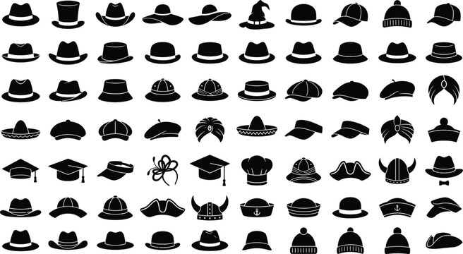 Collection Of Black Hat Silhouettes On White Background