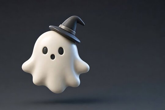 Adorable 3d floating ghost wearing witch hat icon for mobile application interface and web graphics
