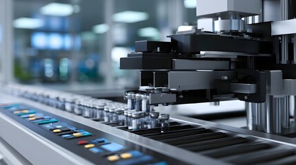 Fototapeta premium Robotic arm precisely handling rows of medical vials on an automated conveyor system inside a modern facility