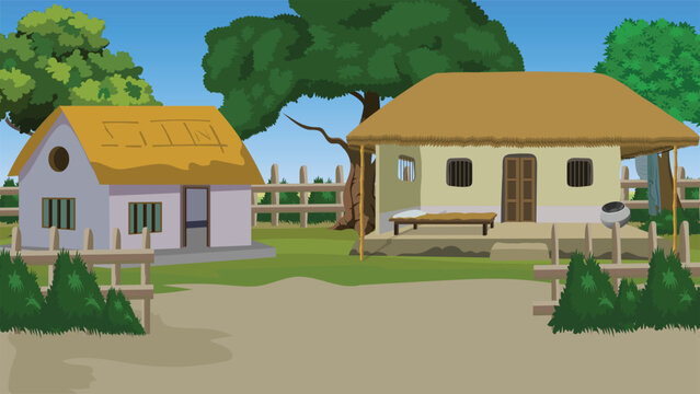 Rural settlement landscape illustration featuring a prominent thatch-roofed mud house beside a smaller cottage with a circular attic window enclosed by wooden fences in an Indian village.