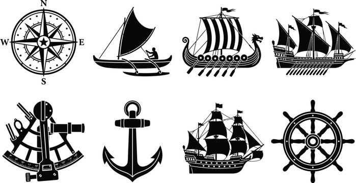Nautical Vector Illustrations Of Ships Compass And Maritime Tools