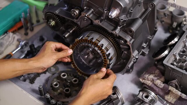 The mechanic is assembling the clutch on a 4-stroke motorcycle, installing the clutch plates onto the engine.