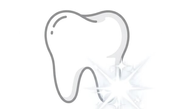 A high-quality 2D vector-style dental animation featuring a clean white tooth icon isolated on a white background. The animation showcases bright, glowing white sparkles and star glints rotating and s