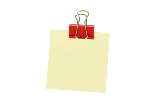 blank yellow paper post it note with red paper clip isolated on white or transparent png