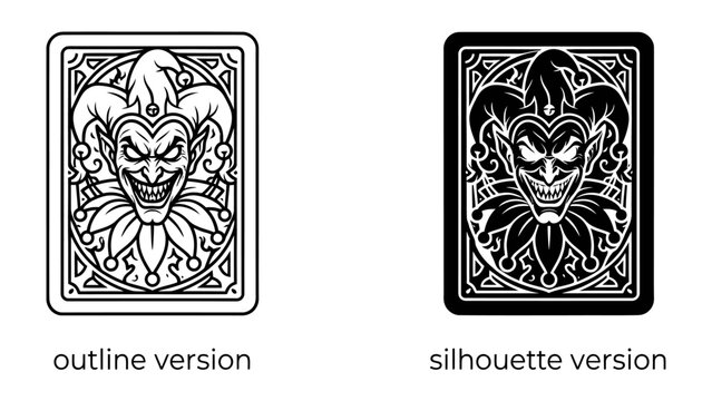 Jester Playing Card Design: A stylized illustration showcasing a mischievous jester's face on the back of a playing card, presented in both outline and silhouette versions.