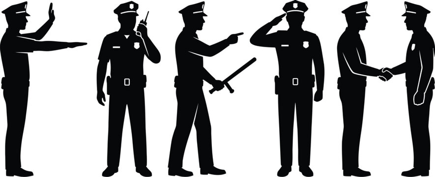 Police officer silhouettes in various poses black vector illustration
