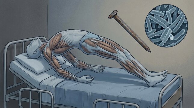 Medical condition danger: tetanus illness, lockjaw effect, muscle contract, opisthotonos arch, Clostridium tetani, rusty nail, toxin produce, nerve damage, body spasm, patient suffer.
