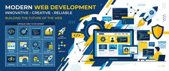 Modern Web Development Concept: Coding, Design, Innovation, Technology, Rocket Launch © purnama