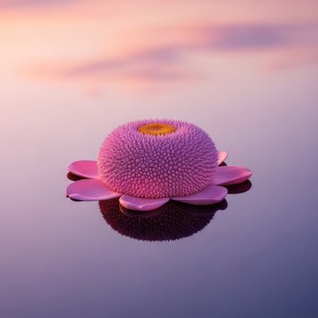 A single puffer lily floats on perfectly calm, glassy water under a soft pastel sky, reflecting serene pinks, oranges, and purples at dusk, pastel, still, lily