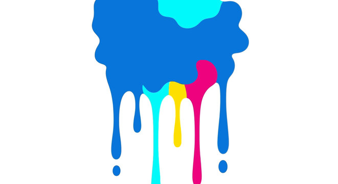Cyan magenta and yellow paint melting from blue cloud shape representing cmyk printing process and creative art concept.
