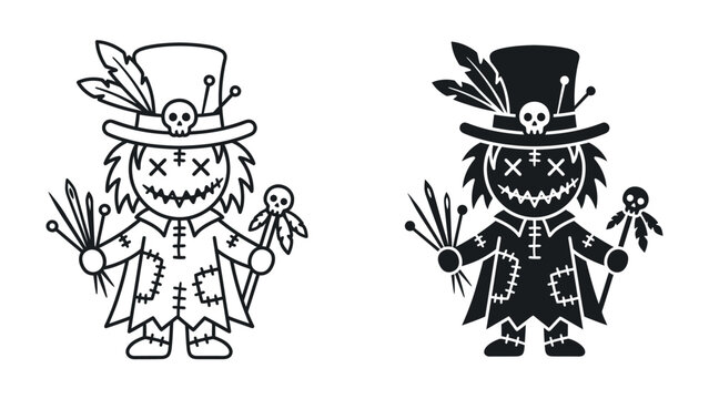 Voodoo Doll Duo: A stylized, cartoonish voodoo doll character presented in both outline and solid black versions, holding pins and a miniature voodoo doll.
