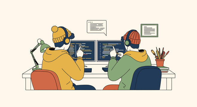 Two software developers coding together at a workstation illustration