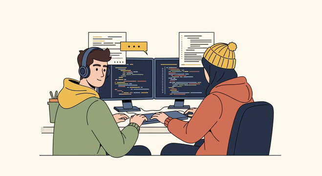 Software developers working on computer code at office workstation illustration