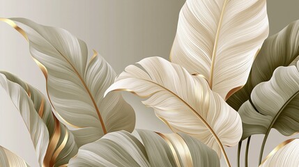 Obraz premium Abstract tropical leaf composition combines minimalist design, textured neutral tones, and decorative botanical elements for wallpaper and surface design.