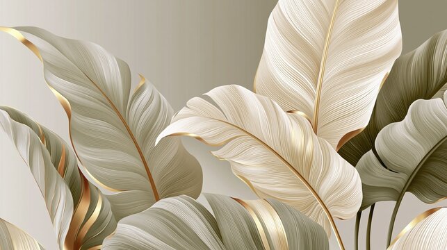Abstract tropical leaf composition combines minimalist design, textured neutral tones, and decorative botanical elements for wallpaper and surface design.