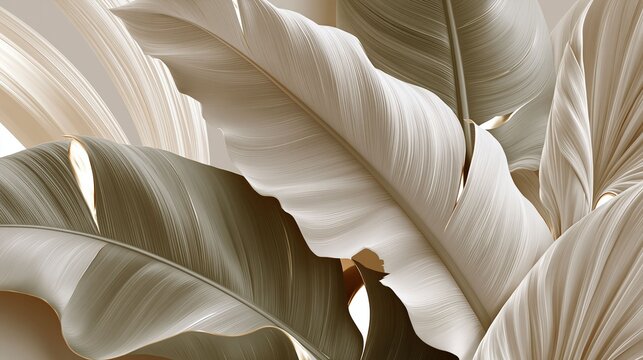 Abstract tropical leaf composition combines minimalist design, textured neutral tones, and decorative botanical elements for wallpaper and surface design.