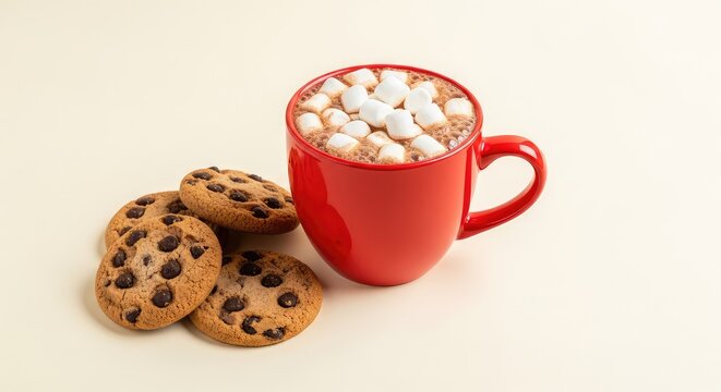 A vibrant red ceramic mug filled with rich hot cocoa and mini marshmallows sits next to chocolate chip cookies on a smooth cream background, cookies, cream background, seasonal
