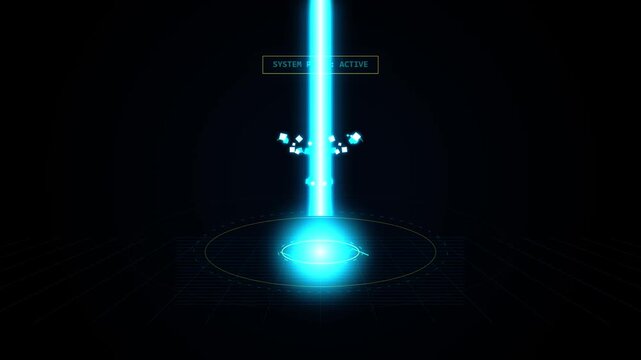 Futuristic Blue Light Beam Projection with Digital HUD Interface