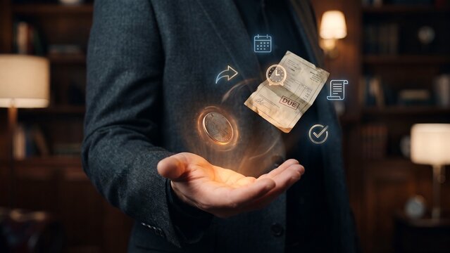Invoice due date and bill payment reminder in businessman hand, overdue debt notice with coin money and clock deadline, accounts payable management, tax obligation and expense settlement schedule