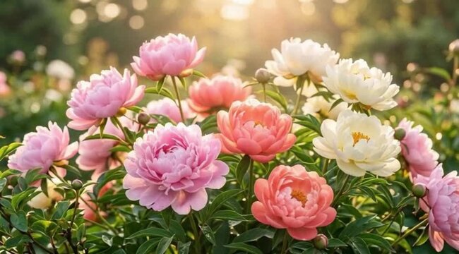 Vibrant pink and white peonies in full bloom with lush greenery in a serene garden setting during sunset with warm sunlight filtering through