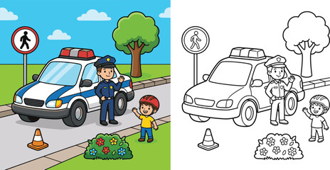 friendly police officer standing beside a patrol car transport vehicle cartoon clipart and lineart print vector illustration for school student educational color coloring book © Avijit
