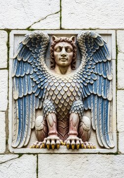 Ancient stone relief of a winged mythological entity with intricate feather patterns, carved into a weathered historical wall in close up, historical, carving, zoomorphic