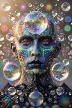 Ritratto surreale e psichedelico di un volto mistico con bolle iridescenti e paesaggio cosmico