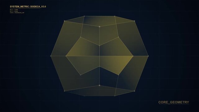 Rotating Golden Dodecahedron Wireframe Concept on Digital Grid Background