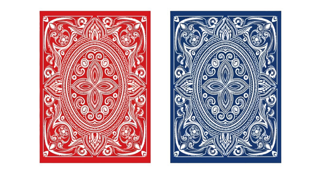 Vintage playing card back design set, ornate red and blue filigree patterns, classic decorative poker card vector illustrations with floral scrolls