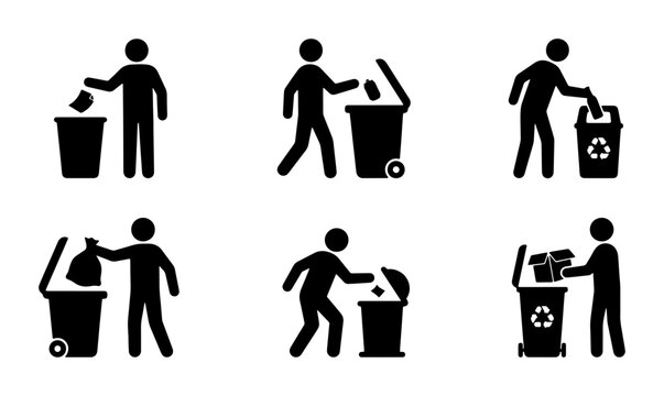 Man throwing trash into recycle bin, person disposing of garbage and waste, collection of icons Vector
