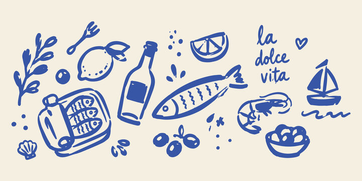 Mediterranean Seafood Doodle Set Vector Illustration