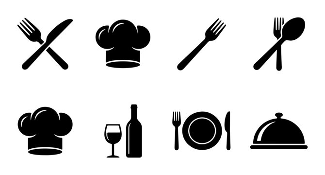 Set of black restaurant icons including chef hats, cutlery, wine, and serving dish Vector
