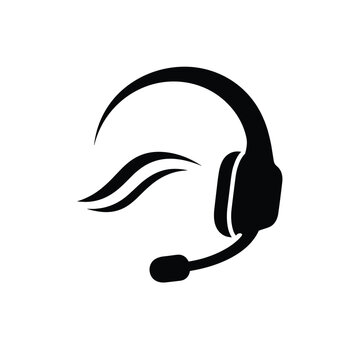 Minimalist headset icon with microphone, black customer service symbol, call center operator equipment vector, professional communication logo